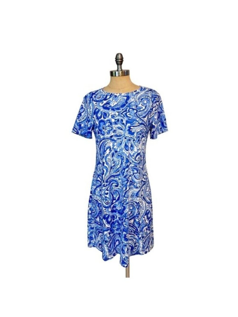 Barbara Gerwit Womens Blue & White Paisley Short Sleeve A-Line Dress Medium
